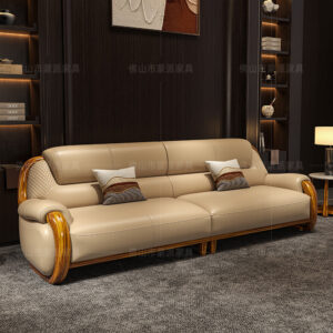 Sofa Da Vàng Đen Cao Cấp - Phong Cách Trung Quốc Tối Giản Kết Hợp Da Bò Lớp 1 và Gỗ Nguyên Khối - Hình ảnh 4